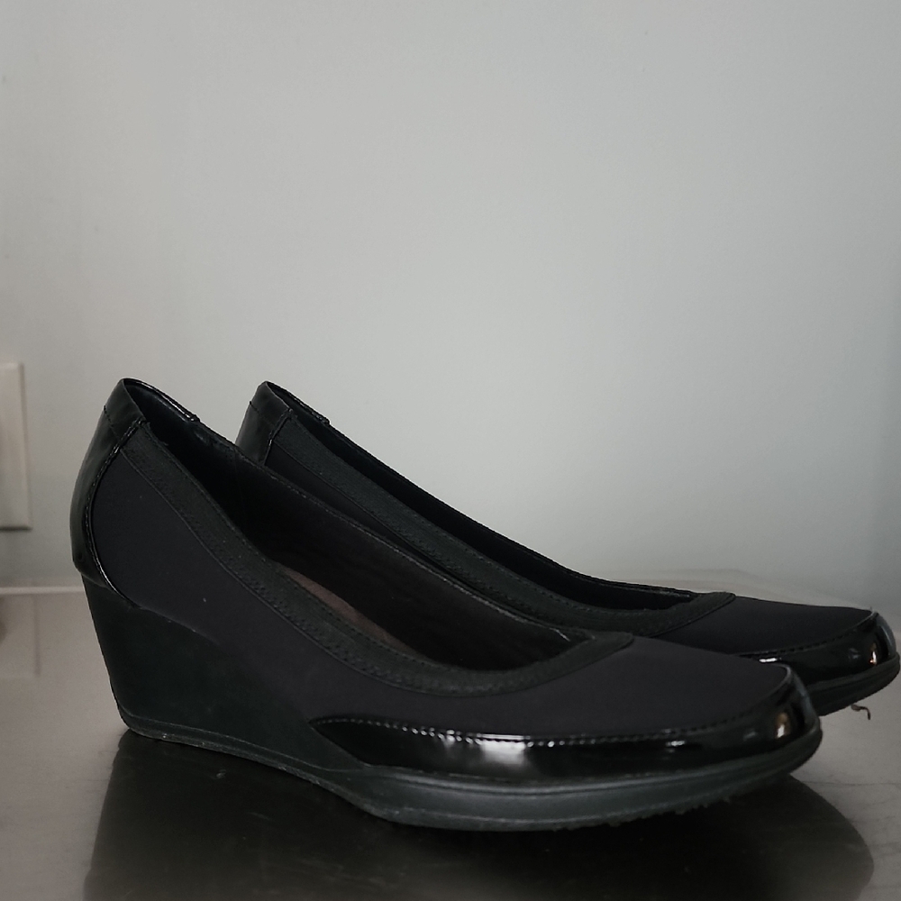 Clarks Black Patent-Trim Wedge Pumps